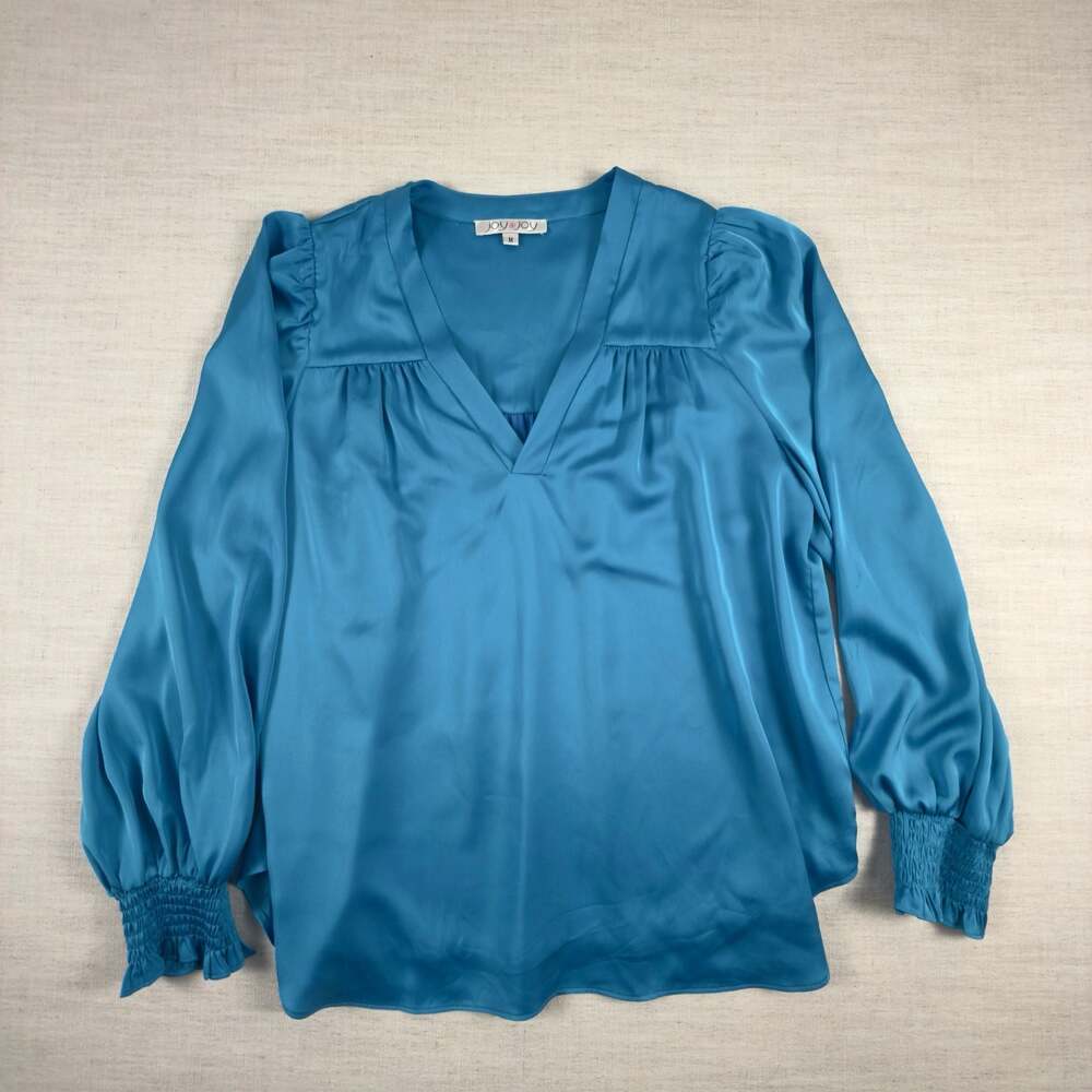 Joy Joy Blue Satin Long Sleeve Blouse Size M